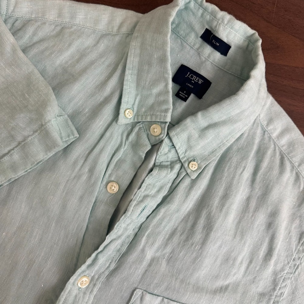 J.Crew Shirt Green Linen Slim Fit Short Sleeve Pocket Button Down Mens Small